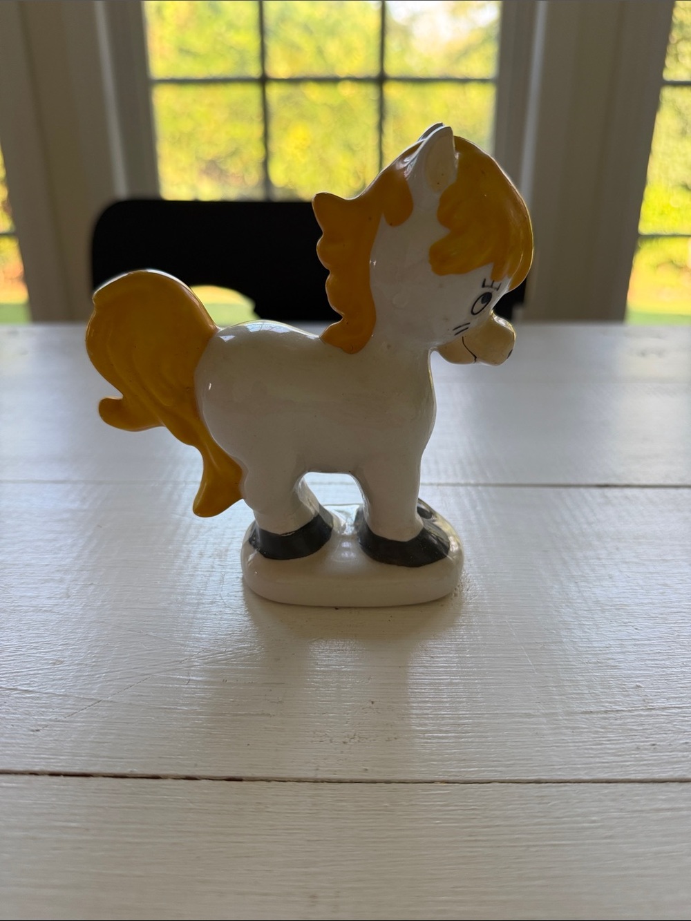 Vintage White and Yellow Ceramic Pony Figurine - Decorative Home Accent